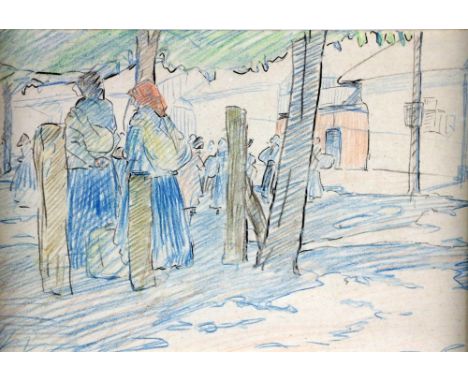 Mary Swanzy, Irish HRHA (1882-1978) "French Village Scene with Figures," pencil and crayon, approx. 17cms x 25cms (7" x 10"),
