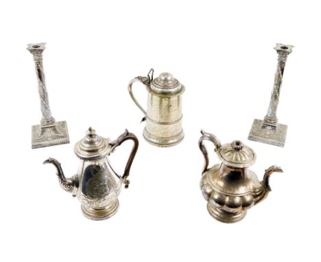 A good pair of tall Corinthian style plated Candlesticks,&nbsp;decorated in the Adams taste, 33cms (13") high; a large silver