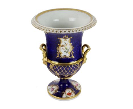 An attractive tall "Crown Derby" type blue ground and handle painted floral decorated two handled Vase, with gilt highlights,