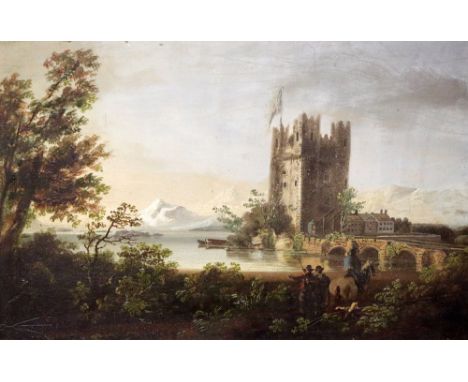 William Sadler II c. 1782-1839 "Castle and Bridge by a Lake - probably a Killarney 'Capriccio' O.O.P., 20cms x 31cms (8" x 12