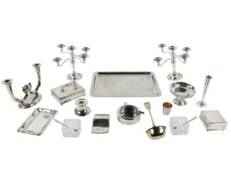 An attractive collection of silver Plateware, tray, boxes, butter and jam dish, candlesticks, soup ladle, bowl, etc. As a lot