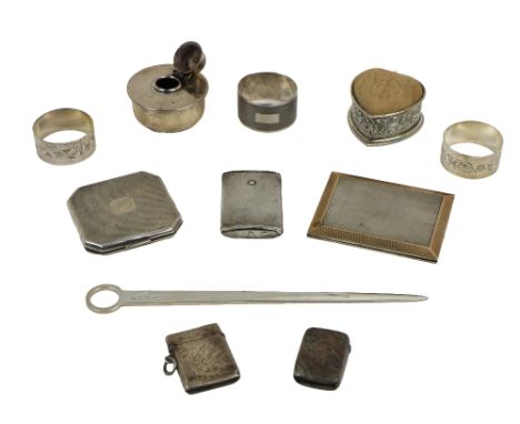 Silverware: A collection of various Silver Items, including Vesta Cases, Letter Opener, an Asprey of London silver Cigarette 