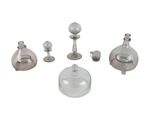 A large 19th Century blown glass Fly-Catcher, 19cms (7 3/45") high, a smaller ditto 15.5cms high (6"); and three other smalle