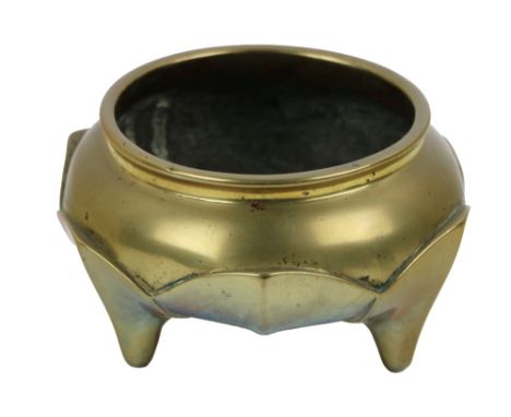 A 19th Century Chinese heavy bronze floral design Censor, with circular opening with tripod base, and six character seal mark