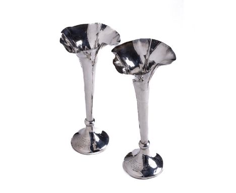 A pair of large trumpet design English silver Vases, by James Dixon and Sons, Sheffield, c. 1922, approx. 33cms (13") high, 1