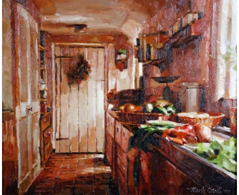 Mark O'Neill, Irish (b. 1963) "From Marie's Garden," O.O.B., Kitchen Interior Scene with fresh vegetables on the sink, approx