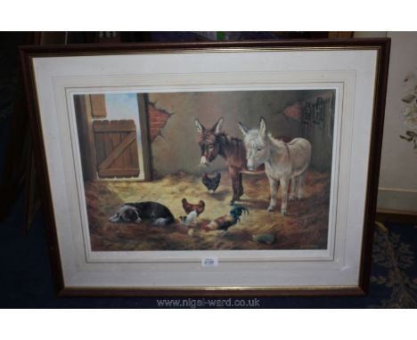 A limited edition Print of a stable scene with donkeys, chickens and dogs, no. 156/850, signed lower right Donna Crawshaw