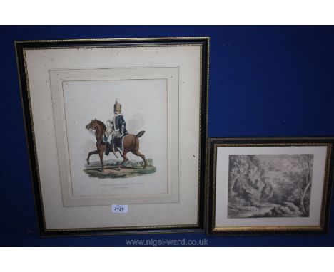 A Print of a soldier on horseback and a Pencil drawing 