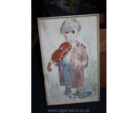 A body colour painting of a tearful boy playing a violin.