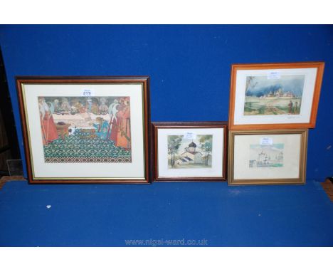 A framed Print of Russian village, small Watercolour of a Russian village signed A. Nactephak  2005 and framed Print of a ban
