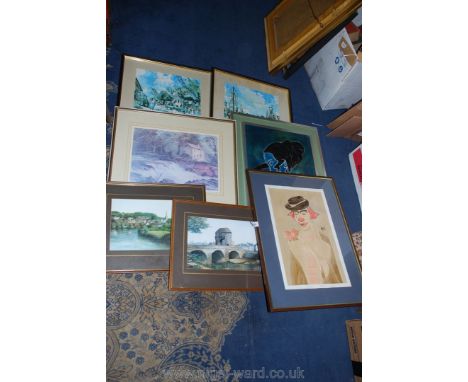 A quantity of prints to include; Barbados, a water mill by Arthur Miles, Ross-On-Wye, Monmouth by Kevin Platt, a hunting scen