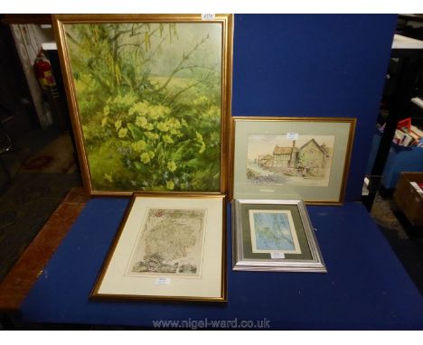 Four framed Prints of woodland landscape by Vernon Ward, map of Herefordshire, a Margaret Tarrant print of fairies and 'The G