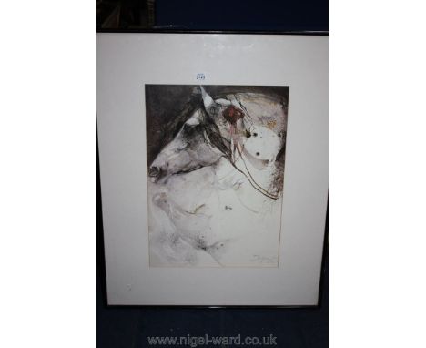 A large framed and mounted Print of a horse, indistinctly signed