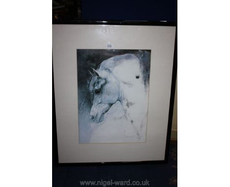 A large framed Print of a grey horse, indistinctly signed, dated 1989.