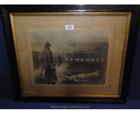 A framed Print marking the execution of the nurse Miss Edith Cavell, murdered on October 12th 1915 for helping soldiers to es