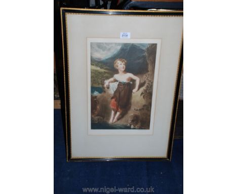 A framed and mounted Print of a small boy by Dorothy Woollard, on stamped paper 