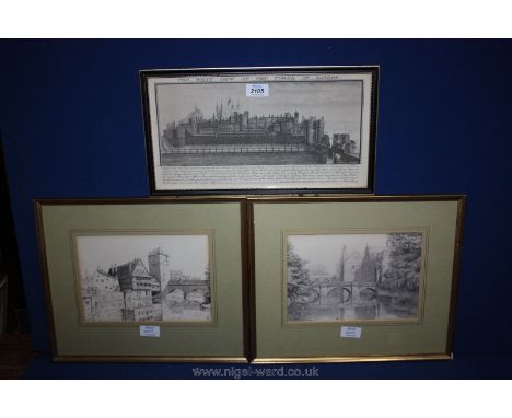 Two pencil drawings of a large chateau, one initialled and dated 1895, with print ''View of Tower of London''.