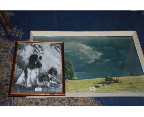 A David Shepard framed print depicting gathering of the harvest, along with an unsigned print of a spaniel and two pups.
