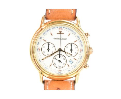 A Jaeger LeCoultre Odysseus, chronograph, quartz, gents, 18ct gold wristwatch, the dial having three subsidiary dials, date a