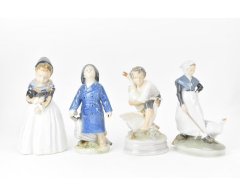 Four Royal Copenhagen porcelain figures to include a girl with a goose, model no. 528, 18.5cm high, boy with geese, model no.