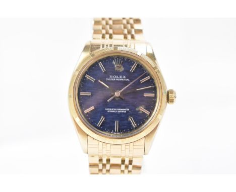 A Rolex Oyster Perpetual Chronometer, automatic, gents, 14ct gold wristwatch, circa 1969, the blue dial having centre seconds