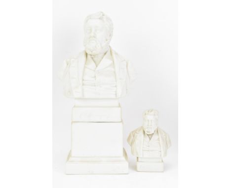 Two 19th century Robinson and Leadbeater parian busts of C H Spurgeon, the larger raised atop a plinth and incised to rear 'P