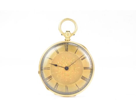 A late 19th century 18ct gold, open face fob watch, the gilt dial engine turned with a floral centre, Roman numerals, case ba