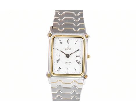 An Ebel, quartz, ladies, bi-coloured stainless steel wristwatch, the dial having Roman numerals, gilt surround, integral grad