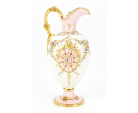 A late 19th century Coalport 'jewelled' ewer, the white and pink ground painted with two panels with raised enamel in the sty