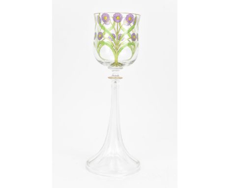 An Art Nouveau Fritz Heckert, Petersdorf wine glass, designed by Ludwig Sutterlin, the bowl painted with flowers, gilt highli