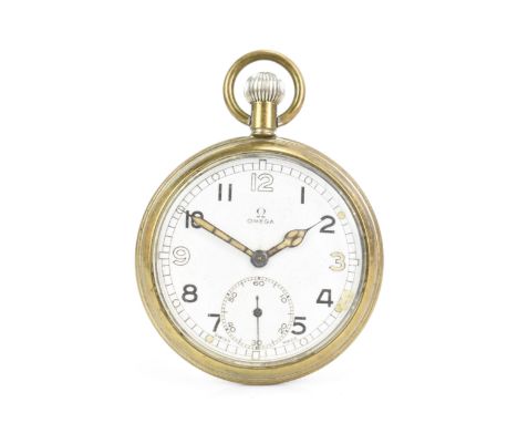 An Omega Second World War (WWII) military issue, open face, keyless wound pocket watch, the white enamel dial having Arabic n