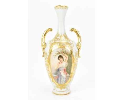 A late 19th/early 20th century Vienna twin-handled vase, of baluster form, the blue neck and body decorated in gilt with styl