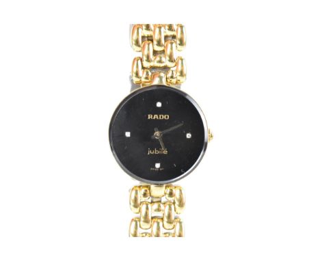 A Rado Jubile, quartz, ladies, gold plated wristwatch, the black dial having diamond quarter markers, original gold plated br