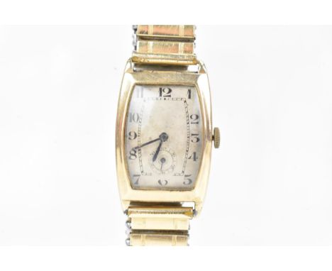 An Art Deco, manual wind, gents, 9ct gold wristwatch, the silvered dial having Arabic numerals, subsidiary seconds dial at 6,