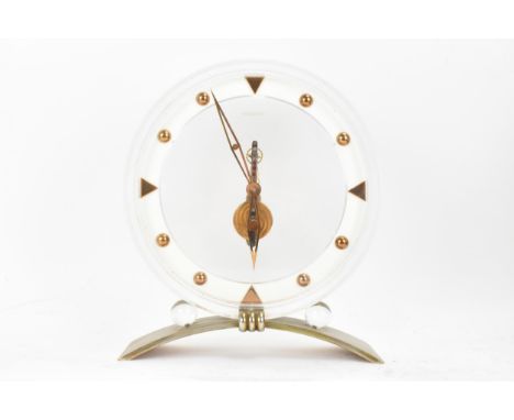 A 1960's Jaeger LeCoultre floating skeleton clock, having a perspex case with visible 8-day movement, baton hour markers, mou