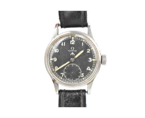 An Omega Second World War (WWII) military issue "Dirty Dozen", manual wind, gents, stainless steel wristwatch, having a black