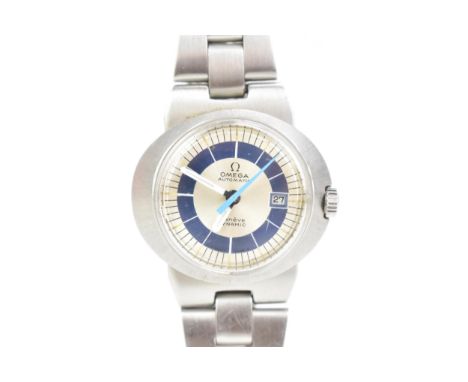 An Omega Dynamic, automatic, ladies, stainless steel wristwatch, having a silvered dial with blue chapter ring, baton markers