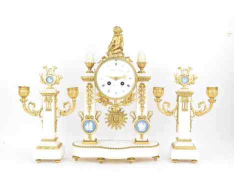 A late 19th century French gilt metal and white marble portico clock and two garnitures, the clock having a winged cherub mou