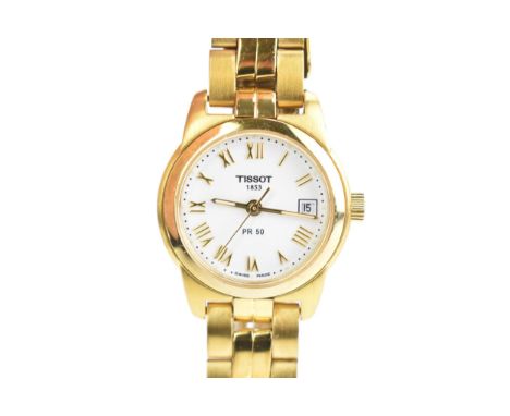 A Tissot PR 50, quartz, ladies, gold plated wristwatch, having a white dial with Roman numerals, centre seconds, date apertur