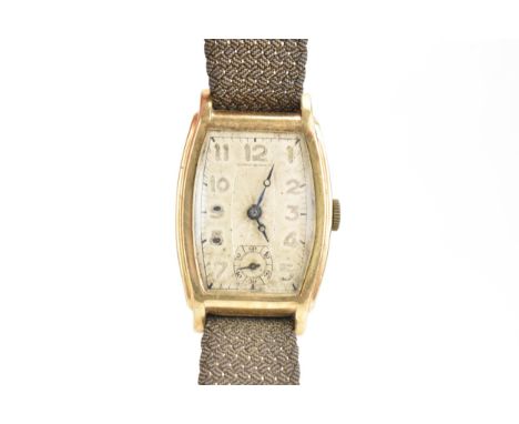 A Bravingtons Renown, Art Deco, manual wind, gents, 9ct gold wristwatch, the silvered dial having Arabic numerals, subsidiary