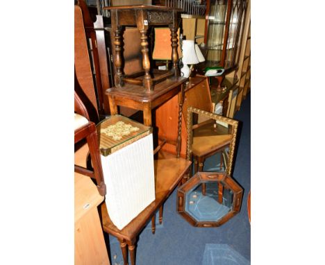 A REPRODUCTION OAK JOINT STOOL, an oak barley twist occasional table, two mirrors, a mahogany nest of three/coffee tables, wi