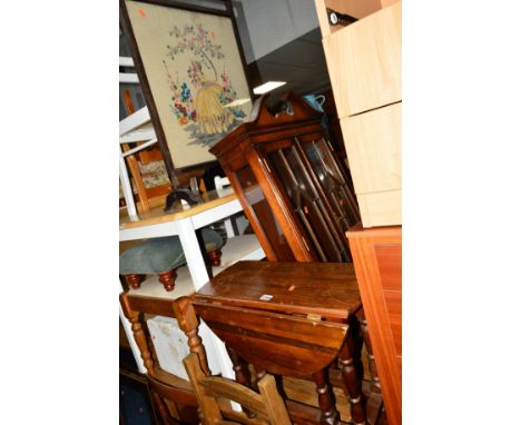 A SMALL MODERN PINE DROP LEAF TABLE, a pine stool, a spoonback chair, another chair, firescreen, stool, linen box, etc (9)
