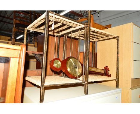 A PAIR OF MODERN METAL BEDSIDE UNITS, a mahogany nest of three tables, two standard lamps and a modern barometer (6)