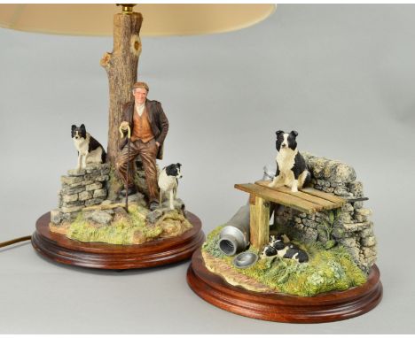 TWO BORDER FINE ARTS SCULPTURES, 'A Moment to Reflect' table lamp (Shepherd and Border Collies) B0516 and 'In the Shade' (Bor