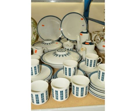ROYAL DOULTON 'MOONSTONE', a six place tea and dinner service plus spares to include serving dishes, coffee pot and teapot et