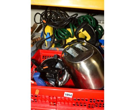 TWO TRAYS OF HOUSEHOLD ELECTRICALS to include a Karcher jet washer and a box of hand tools, etc