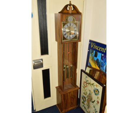 A MODERN QUARTZ GRANDDAUGHTER CLOCK and a teak wall mirror (2)