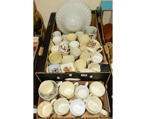 TWO BOXES OF ROYAL COMMEMORATIVE MUGS AND BEAKERS, etc and an opaque white glass light shade 