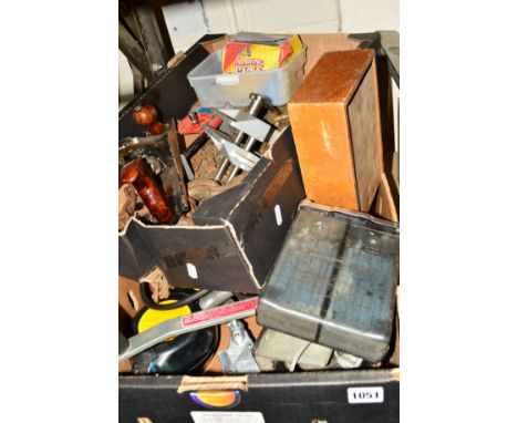 TWO TRAYS OF TOOLS AND LIFTING EQUIPMENT including lifting chains, a car winch, multimeter, etc
