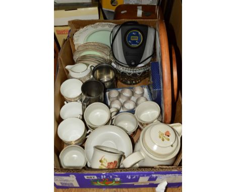 A BOX OF DENBY AND DALKIN TEA WARES etc to also include a Smiths wooden art deco clock with key, napkin rings and a cut glass